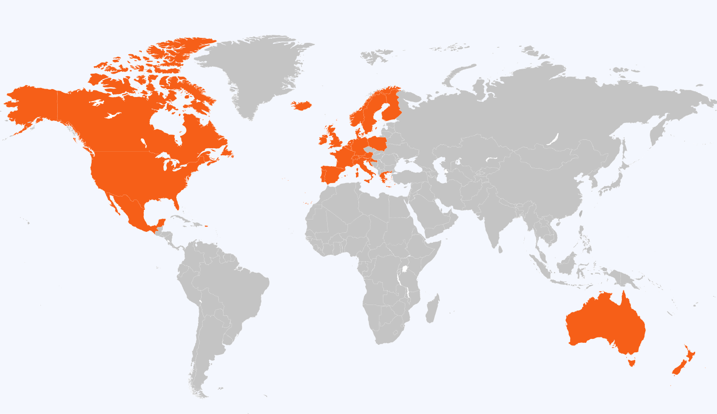 Map showing countries where Payroc operates